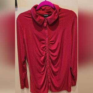 Red, button up blouse, Torrid, scrunched front detail, long sleeve, plus size 1